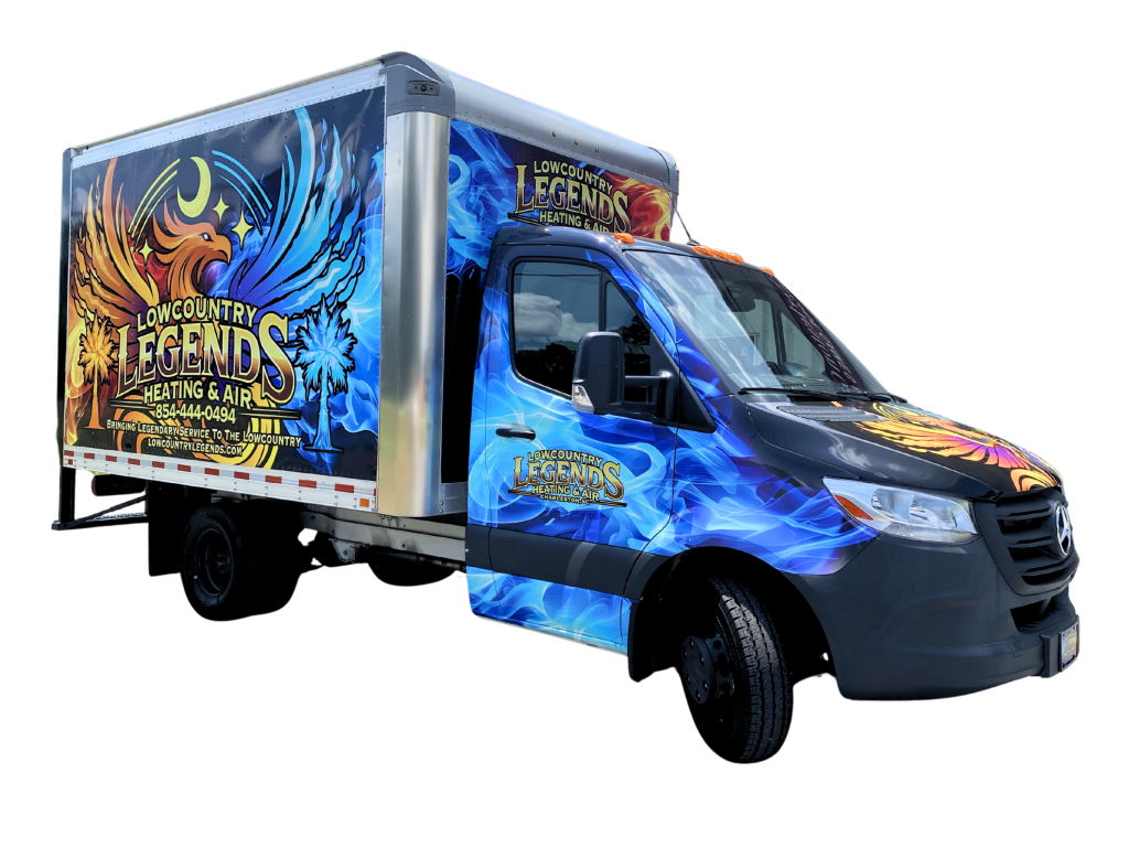 A brightly decorated delivery truck with the logo of 'Lowcountry Legends Heating & Air'. The design features vibrant colors with flames, a sun, and a palm tree.